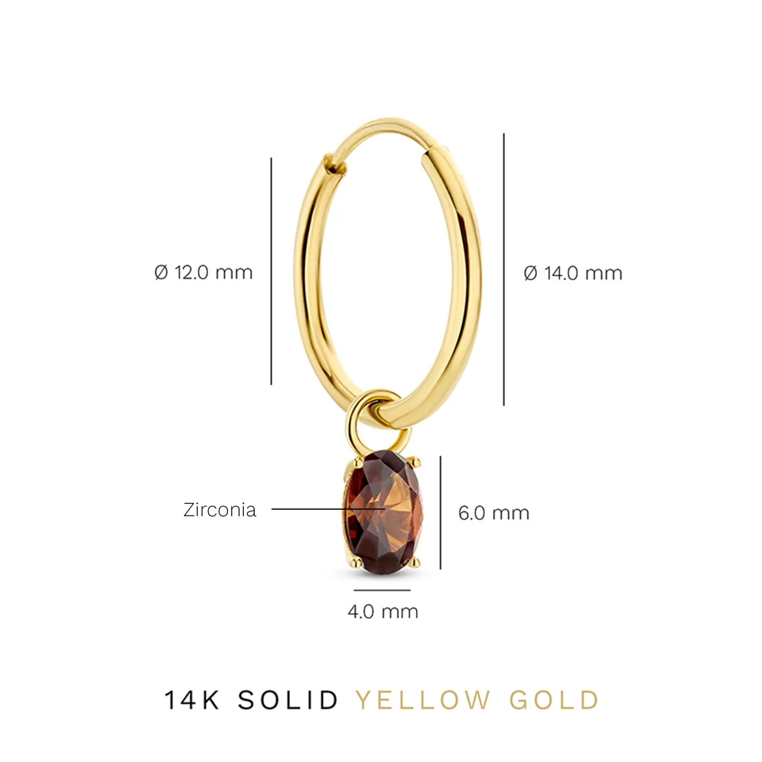 Baguette Brune 14 karaat gouden creolen met bruine zirkonia steen