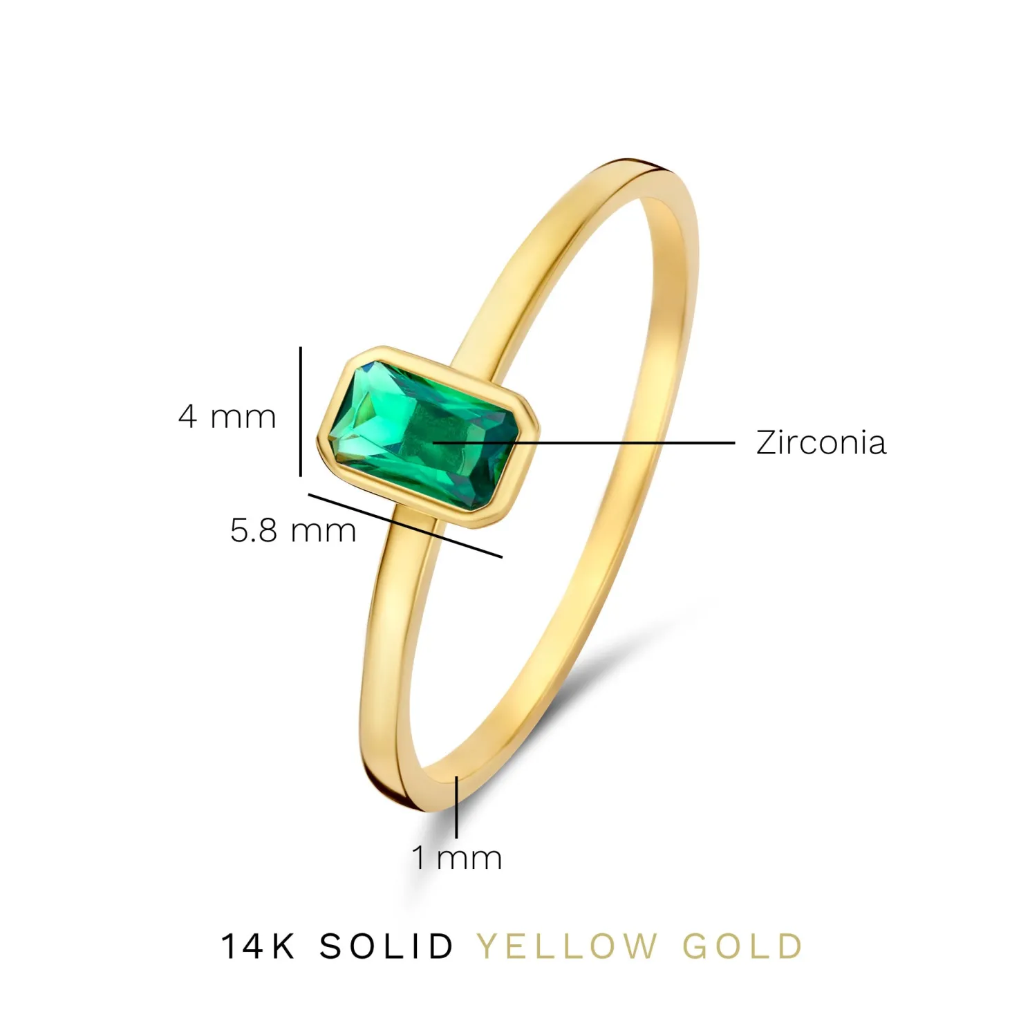 Baguette Olivia 14 karaat gouden ring met groene zirkonia steen
