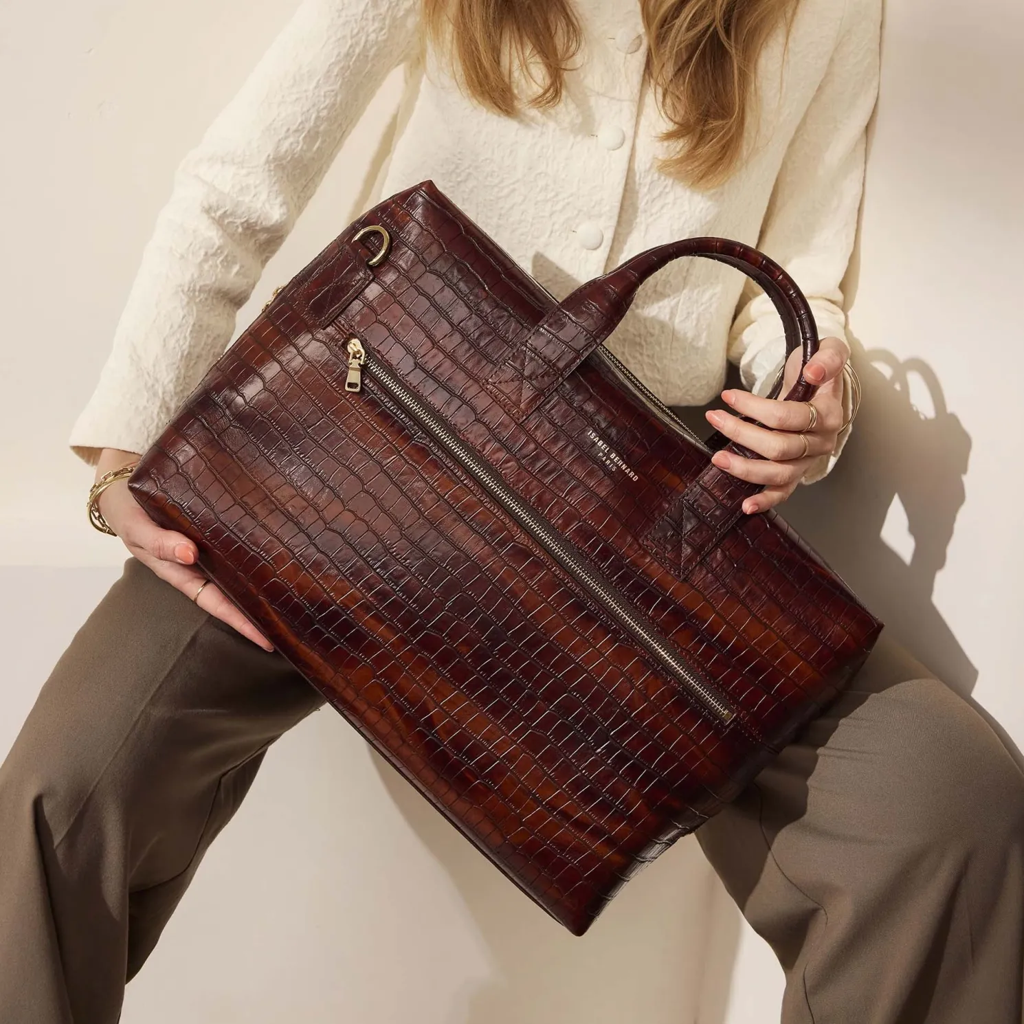 Honoré Anique croco bruine leren handtas van kalfsleer met 16.4 inch laptopvak