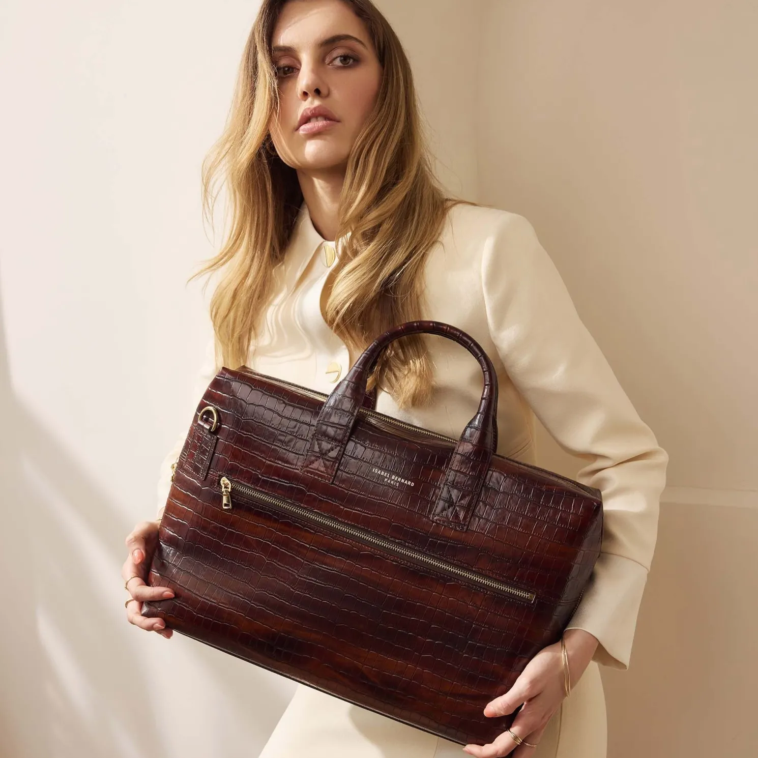 Honoré Anique croco bruine leren handtas van kalfsleer met 16.4 inch laptopvak