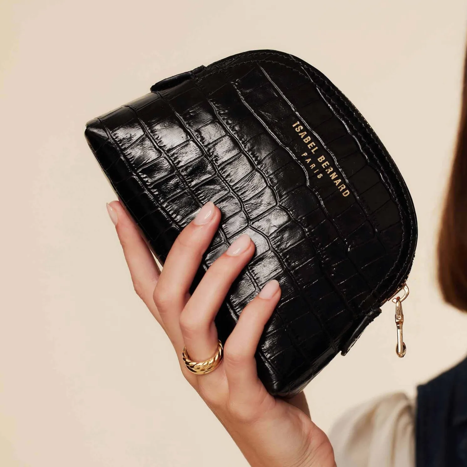 Honoré Babette croco zwarte leren toilettas van kalfsleer