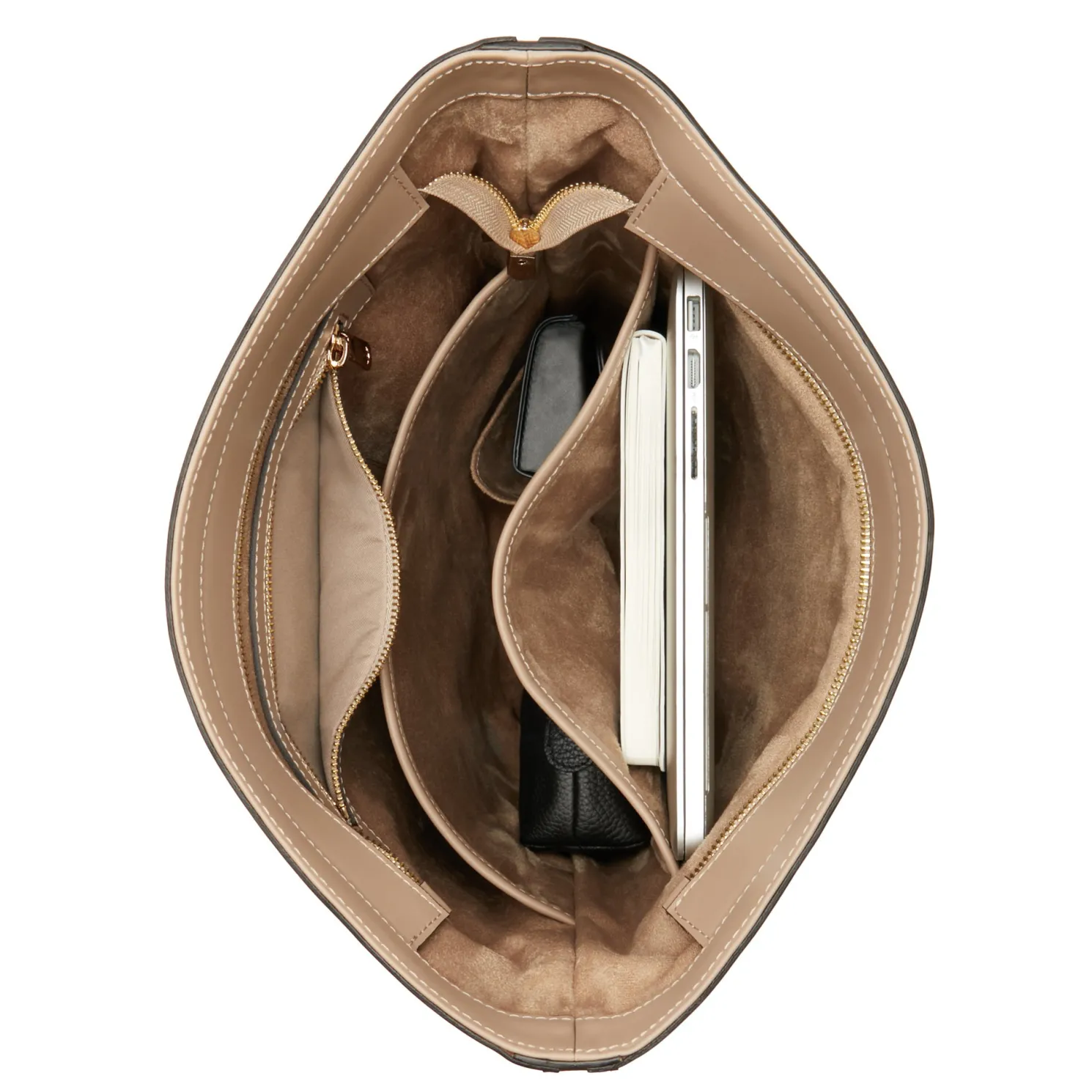 Honoré Flora taupe leren schoudertas van kalfsleer met laptopvak