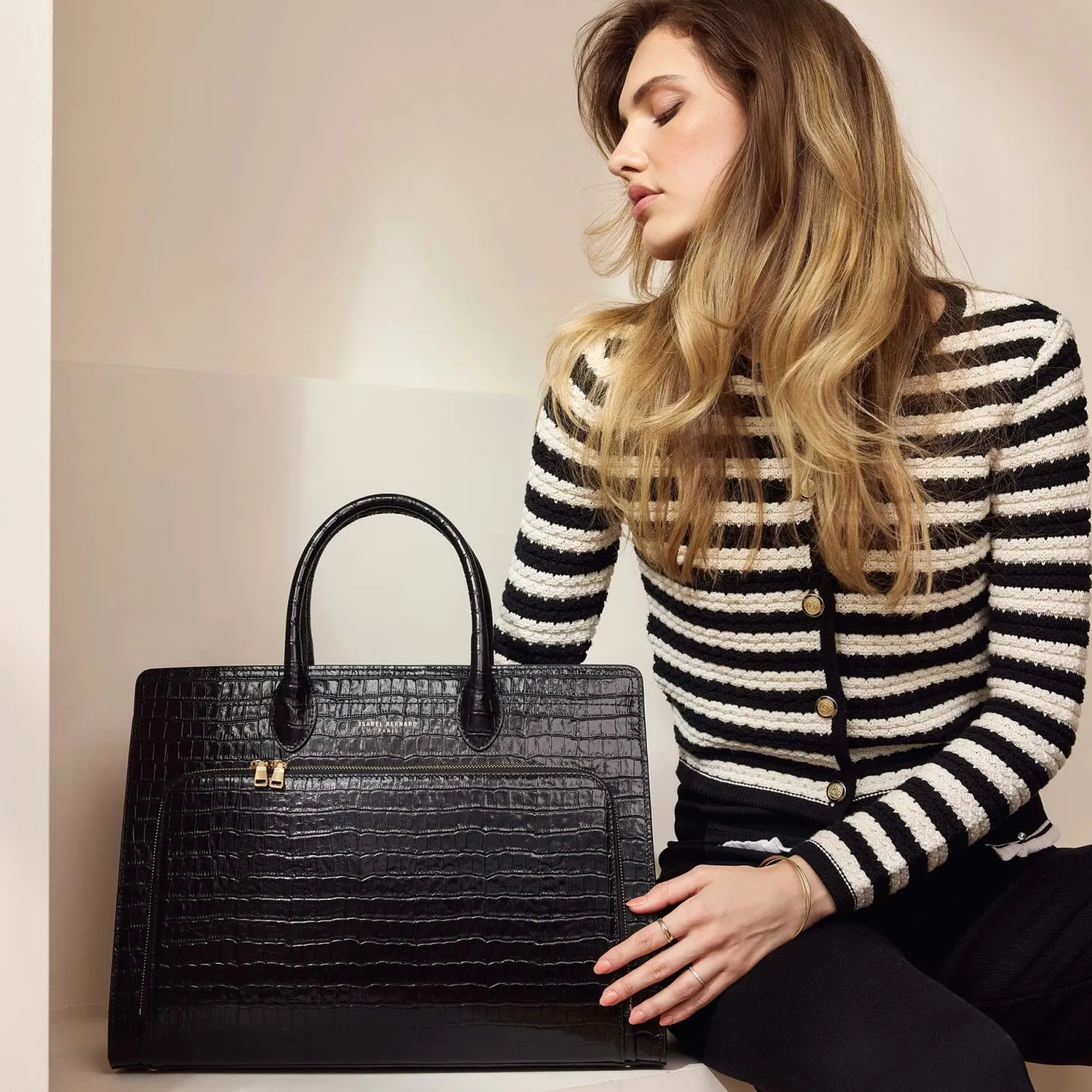 Honoré Nadine croco zwarte leren handtas van kalfsleer met laptopvak