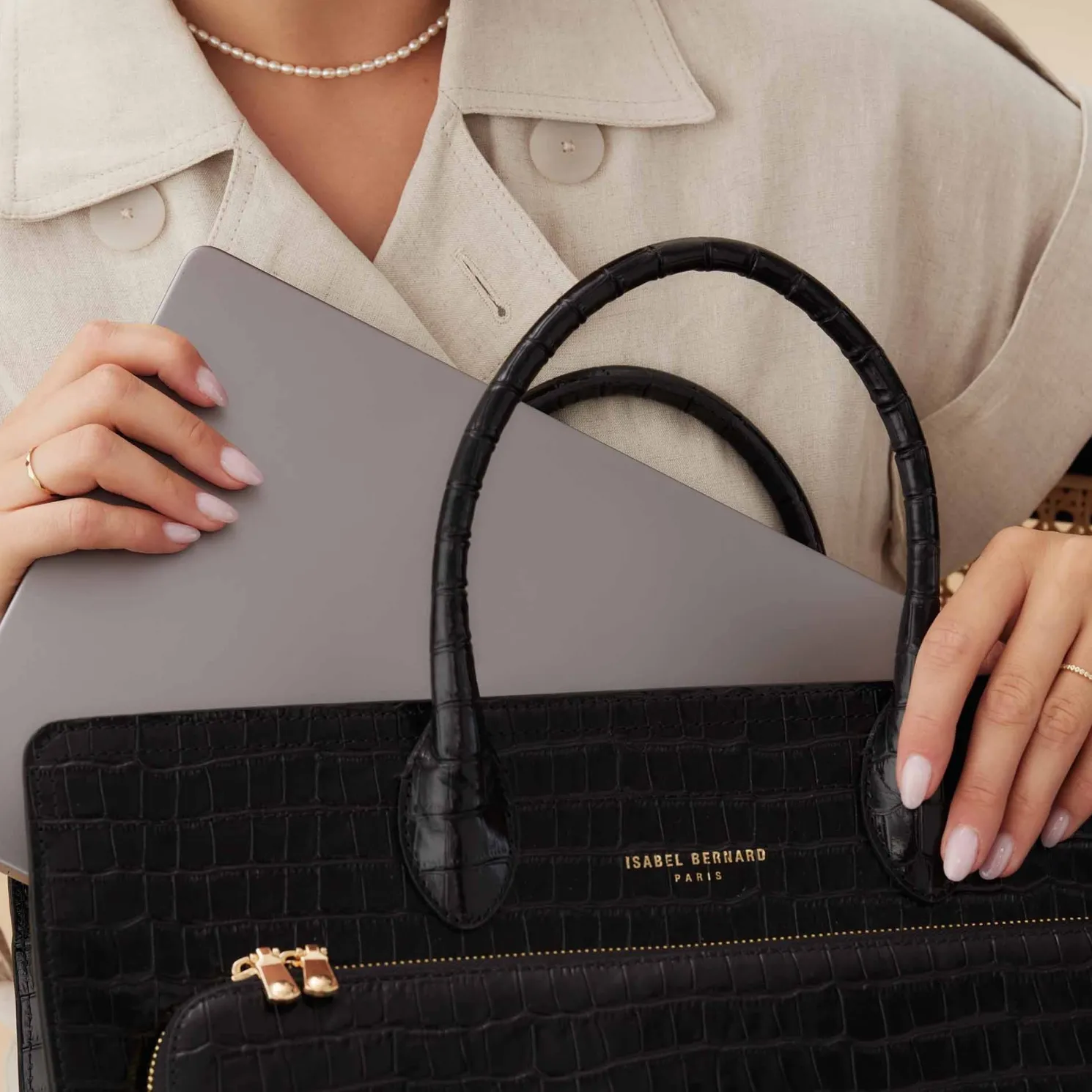 Honoré Nadine croco zwarte leren handtas van kalfsleer met laptopvak