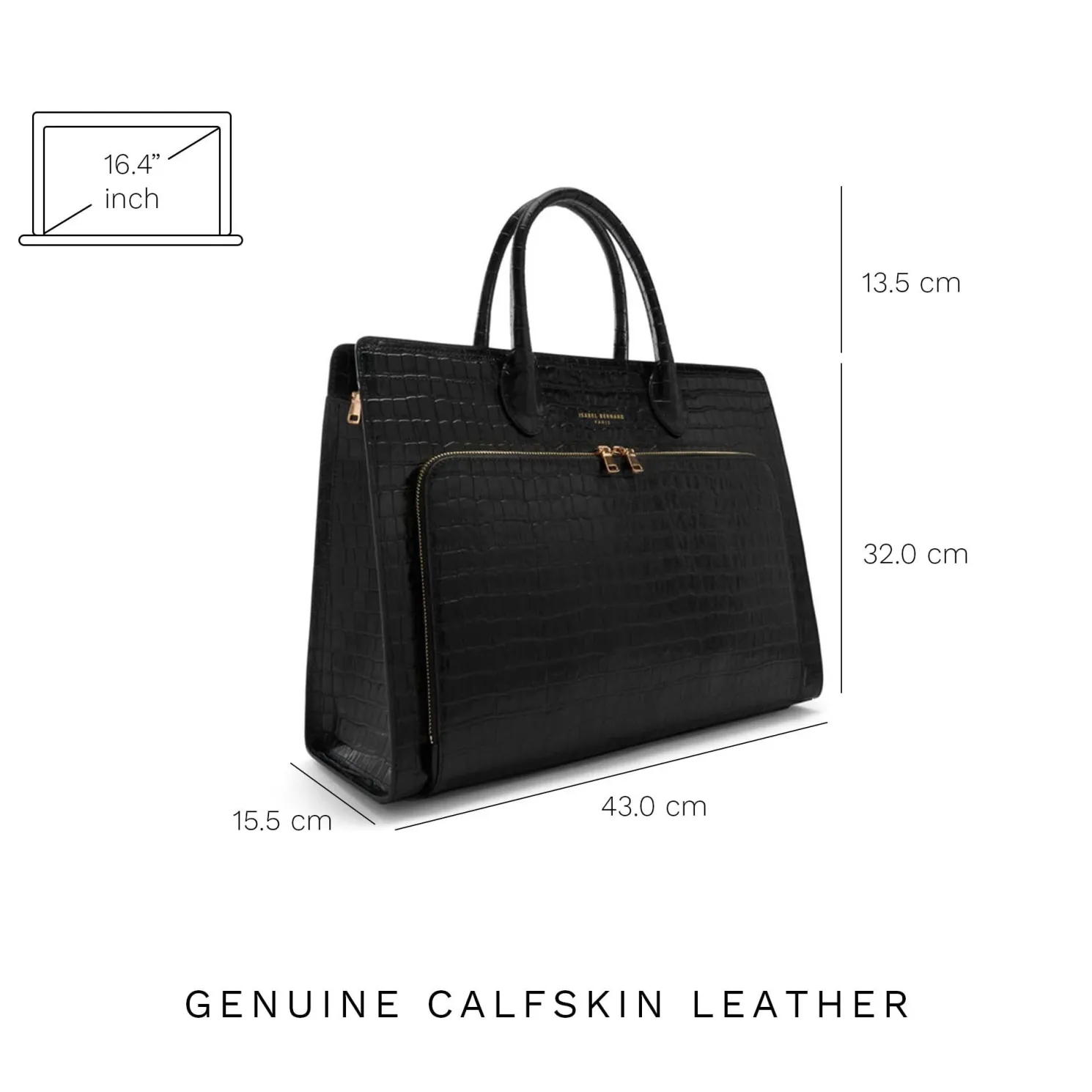 Honoré Nadine croco zwarte leren handtas van kalfsleer met laptopvak