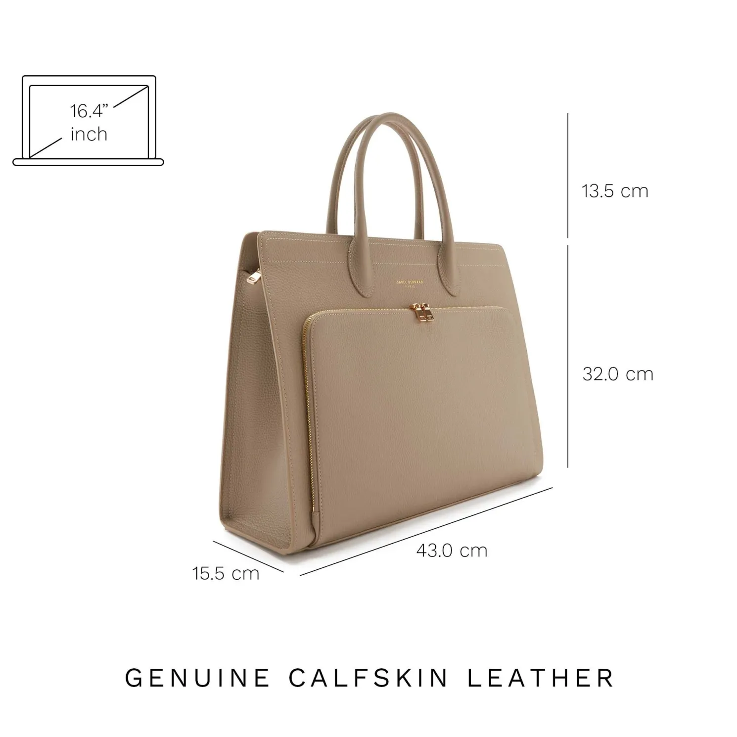 Honoré Nadine taupe leren handtas van kalfsleer met laptopvak