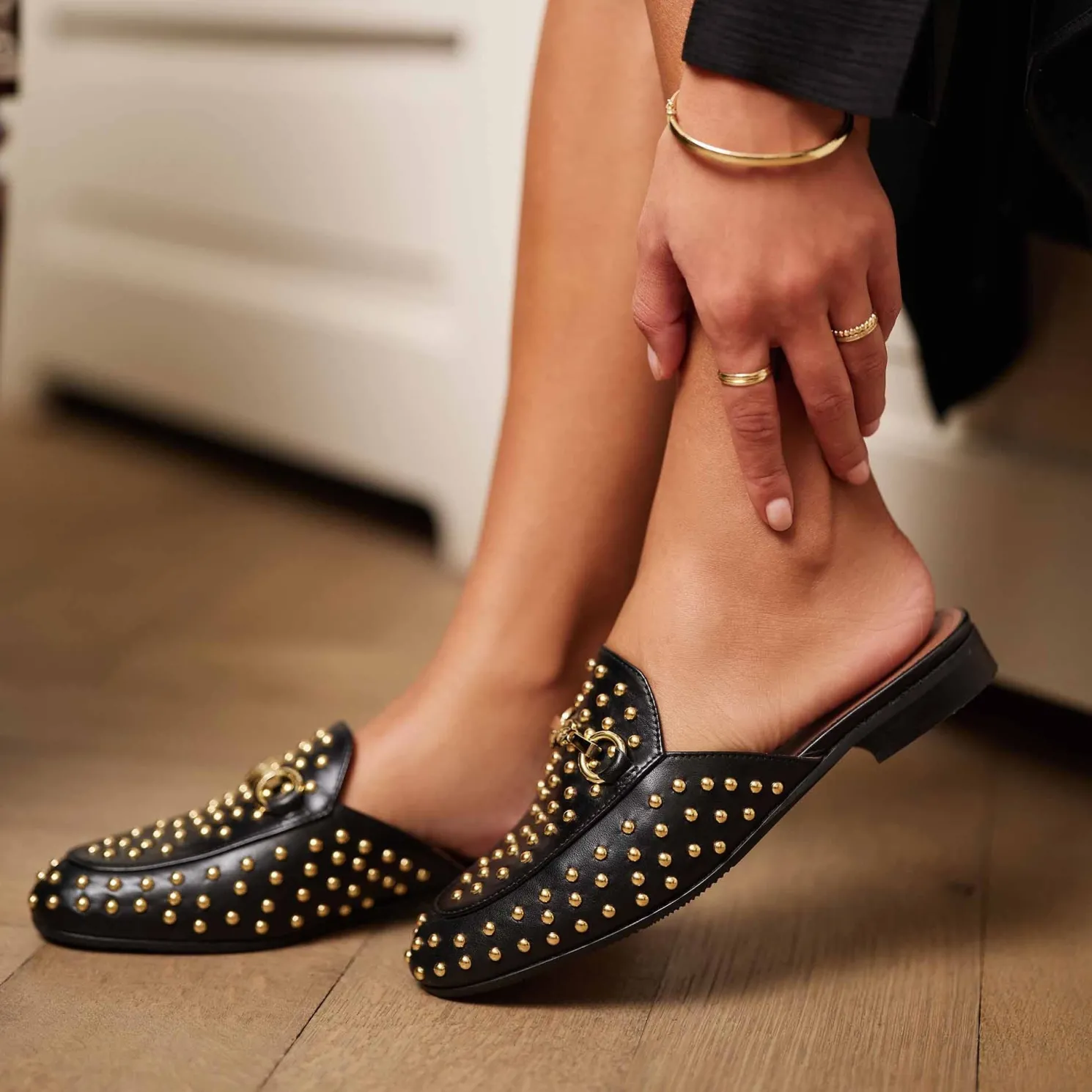Vendôme Fleur zwarte kalfsleren slipper loafers met studs